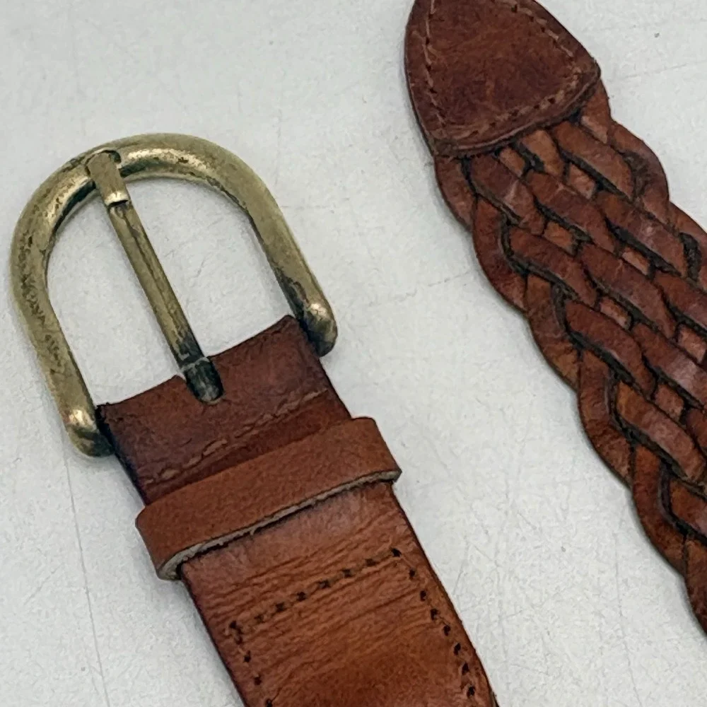 Vintage Brown Woven Braided Leather Belt Leather Buckle Made in Turkey Sz 38